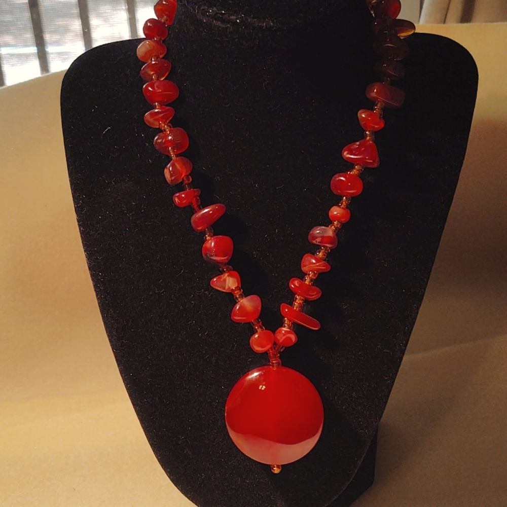 Carnelian natural stone pendant with  glass beads